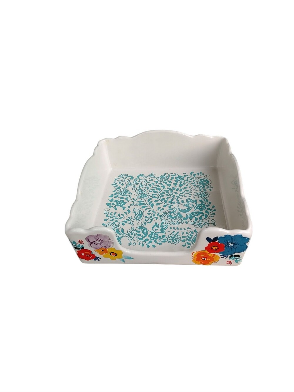 The Pioneer Woman White Floral Ceramic Napkin Holder with Teal Flea Market Print